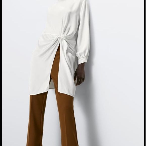 Zara White Satin Effect BLOUSE WITH FRONT KNOT New! - Picture 3 of 8